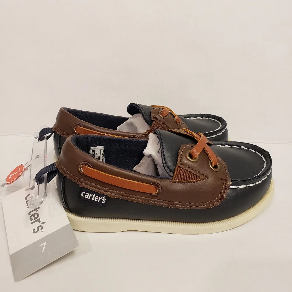 NEW Carters Navy & Brown Boat Shoes Slip On Loafers Toddler Boys Size 7c